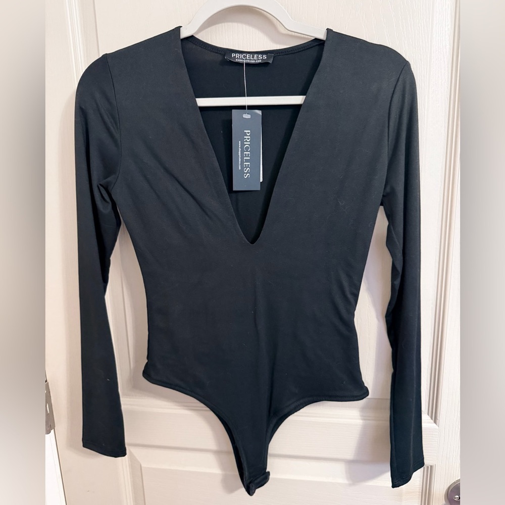 Priceless Deep V-Neck Black Bodysuit